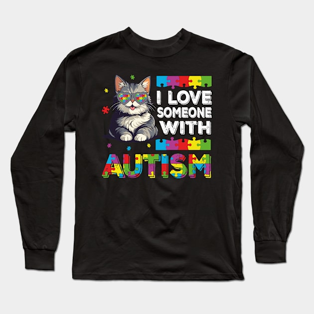 I Love Someone With Autism Funny Autism Awareness Cat Kids Puzzles Long Sleeve T-Shirt by JUST PINK